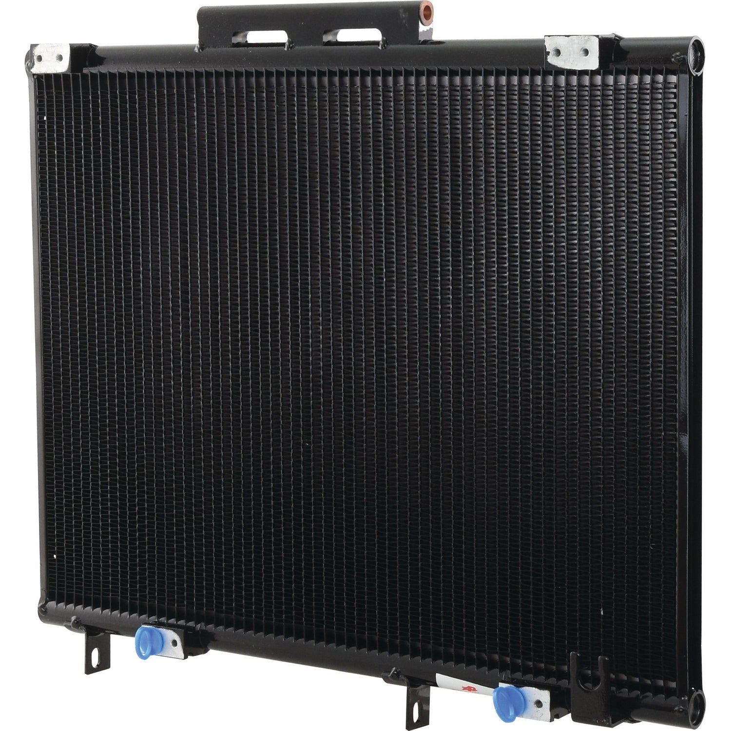 A Sparex Condenser - S.152503, featuring a black automotive radiator design with two blue and two silver connectors, is displayed against a white background. It is compatible with the Ford New Holland T6010-T6080 series.
