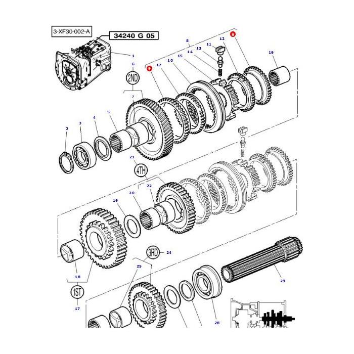Exploded view diagram of a transmission assembly showing labeled components, such as gears, bearings, and shafts from Massey Ferguson models, including the AGCO Massey Ferguson Cone (part number 3824417M1), organized by their position within the transmission system.