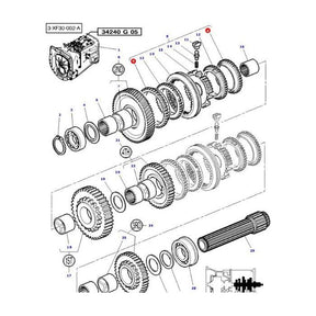 Exploded view diagram of a transmission assembly showing labeled components, such as gears, bearings, and shafts from Massey Ferguson models, including the AGCO Massey Ferguson Cone (part number 3824417M1), organized by their position within the transmission system.