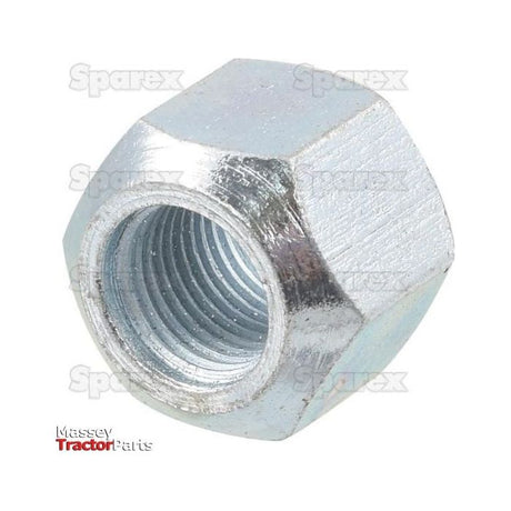 Hexagonal metal nut with internal threading; the "Sparex" logo is repeated in the background, and "Massey Tractor Parts" is printed in the bottom corner. This Cone Wheel Nut, 1/2'' UNF (Sparex Part No. S.5938) promises durability, fitting perfectly for UNF applications.