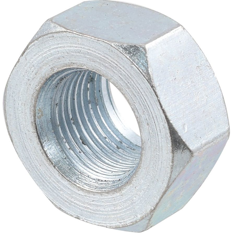 A close-up photo of a shiny, metallic hex nut, showcasing its threaded interior, ideal for the Cone Wheel Nut, 5/8'' UNF in standard duty applications from Sparex (Part No. S.1754).