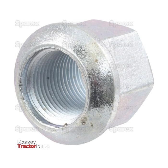 Close-up of a silver metal lug nut with a hexagonal design and threaded interior against a white backdrop. In the faint background, the words "Sparex" and "Massey Tractor Parts" can be discerned, identifying it as an M20x1.5 cone wheel nut with a metric thread. The part number for this Sparex product is S.57988.