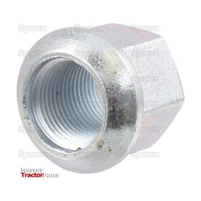 Close-up of a silver metal lug nut with a hexagonal design and threaded interior against a white backdrop. In the faint background, the words "Sparex" and "Massey Tractor Parts" can be discerned, identifying it as an M20x1.5 cone wheel nut with a metric thread. The part number for this Sparex product is S.57988.