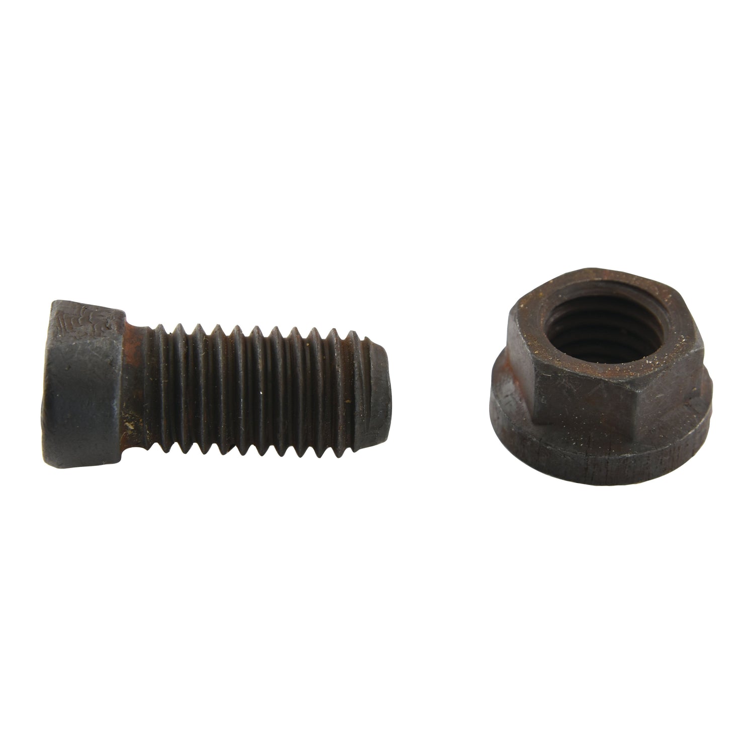 A rusty Sparex Conical Head Bolt 1 Flat with Nut (TC1M), 16 x 75mm, placed side by side on a white background.