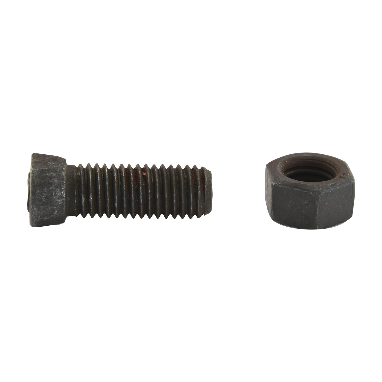 A metal bolt and nut placed side by side on a white background. The M12 x 34mm Conical Head Bolt 2 Flats with Nut (TC2M) from Sparex has a hexagonal head and threaded body, while the nut features a hexagonal shape with an internal thread.