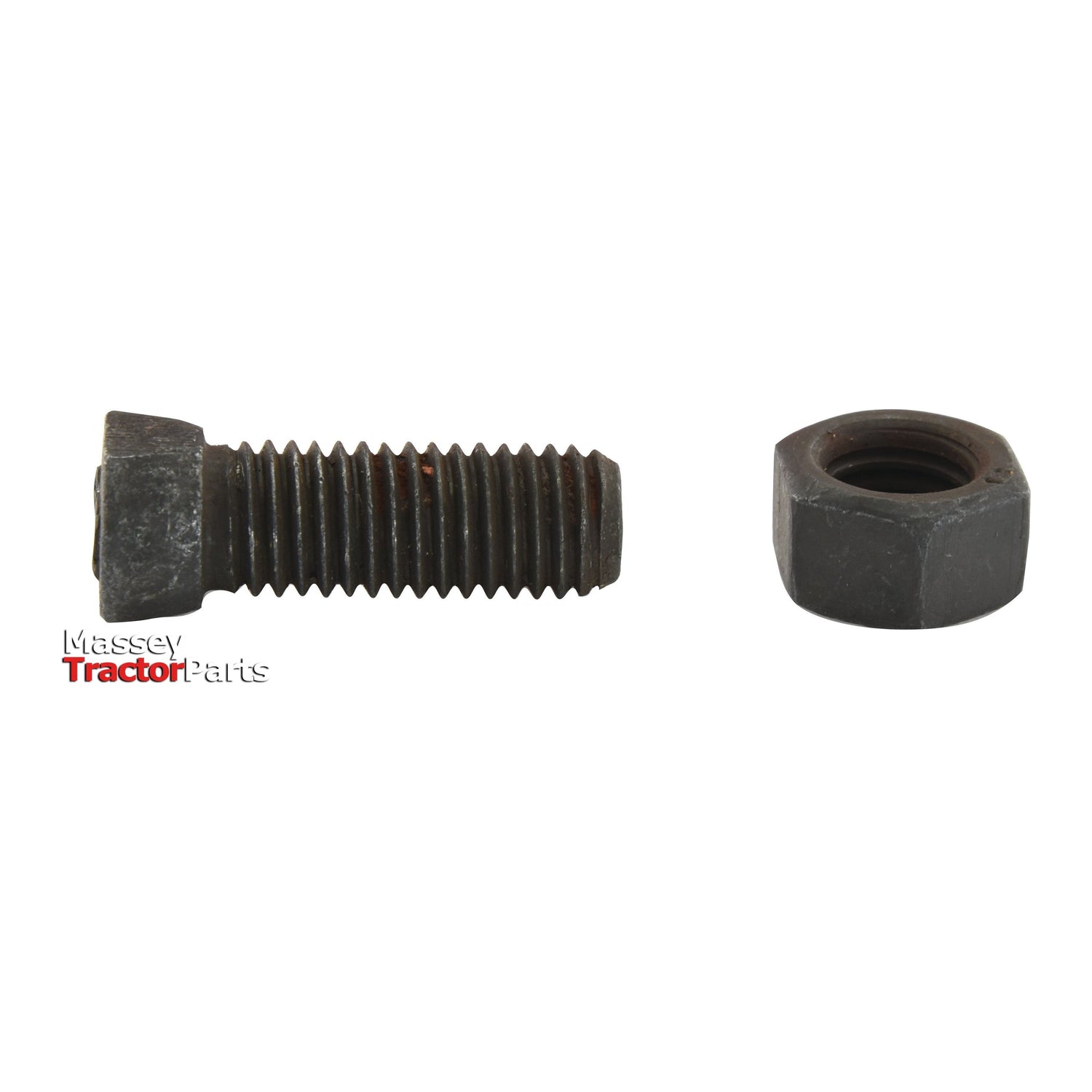 A black Conical Head Bolt 2 Flats With Nut (TC2M) from Sparex, sized M12 x 34mm with a tensile strength of 12.9, is placed on a white background along with the text "Massey Tractor Parts" partially visible on the left side. This bolt, known for its reliability in heavy-duty use, comes as part of a 25-piece box labeled with Sparex Part No.S.78747 and fits model number 013228.
