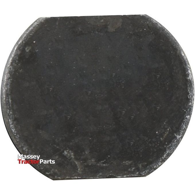 Close-up image of a dark, round metal part with a flat edge on top and the logo "Massey Tractor Parts" in the corner, featuring a Conical Head Bolt 2 Flats With Nut (TC2M) by Sparex, M12 x 34mm with tensile strength 12.9.