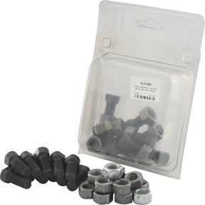 A blister pack containing multiple black bolts, silver nuts, and a separate group of Sparex Conical Head Bolt 2 Flats With Nut (TC2M) - M12x35mm, Tensile strength 12.9 (12 pcs. Agripak) arranged in front of the package.