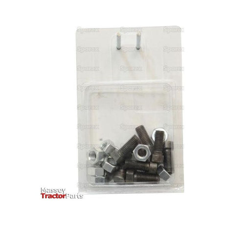A plastic packet labeled "Sparex" and "Massey Tractor Parts" contains an assortment of metal bolts and hex nuts, including a Conical Head Bolt 2 Flats With Nut (TC2M) - M12x38mm, noted for its tensile strength of 12.9 (Sparex Part No.S.27589).