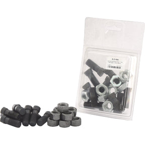 A collection of black bolts and silver nuts, featuring Conical Head Bolt 2 Flats With Nut (TC2M) - M14x39mm with a tensile strength of 12.9 by Sparex (Part No. S.21494), placed beside a plastic packaging containing similar bolts and nuts in a set of 10 pieces labeled Agripak.