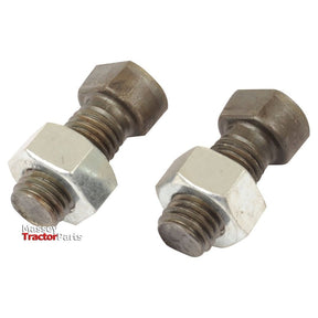 Two Sparex Conical Head Bolts 2 Flats With Nut (TC2M) - M12 x 35mm, Tensile strength 12.9, placed side by side. The bottom left corner has a logo reading "Massey Tractor Parts.