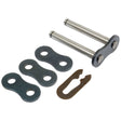 Image of a Sparex Connecting Link, Duplex, 50-2 | Sparex Part No. S.37479 kit including two silver pins, three black chain links, and one brown connecting clip, all placed on a white background.