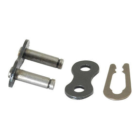 Close-up of a Sparex Connecting Link, Simplex, 12B-1 H (Sparex Part No. S.37487) bicycle chain connecting link kit featuring two metal pins, a link plate, and a clip. This high-quality chain component ensures durability and smooth operation for your ride.