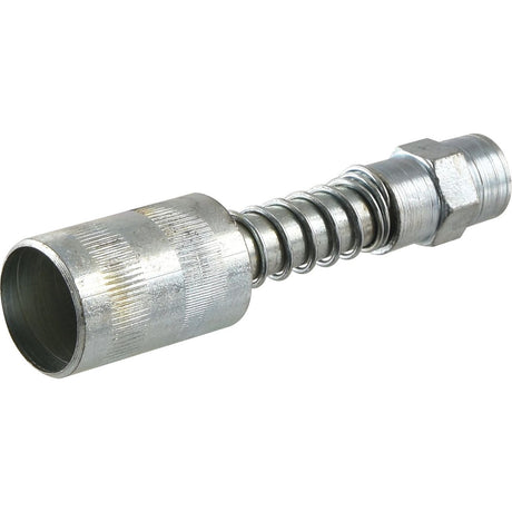 The Grease Gun Coupler 1/8'' - Snap on (Sparex Part No.S.155411) by Sparex is a shiny metal hydraulic hose fitting with a hydraulic coupler, featuring a flexible, spring-like section in the middle and threaded ends on either side.