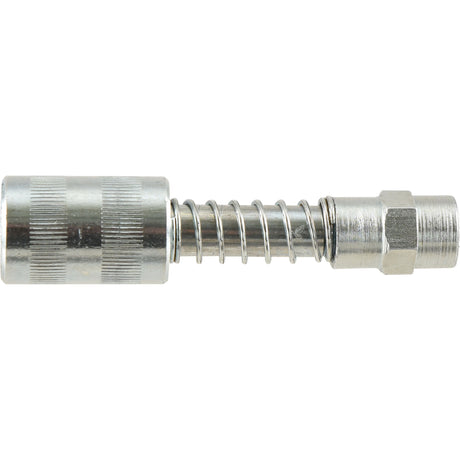 The Sparex Grease Gun Coupler 1/8" (Snap on) - Part No. S.155411, features a metallic compression spring coupling with a hexagonal nut on one end and a textured cylindrical grip on the other, making it perfect for integrating with a flexible hose.