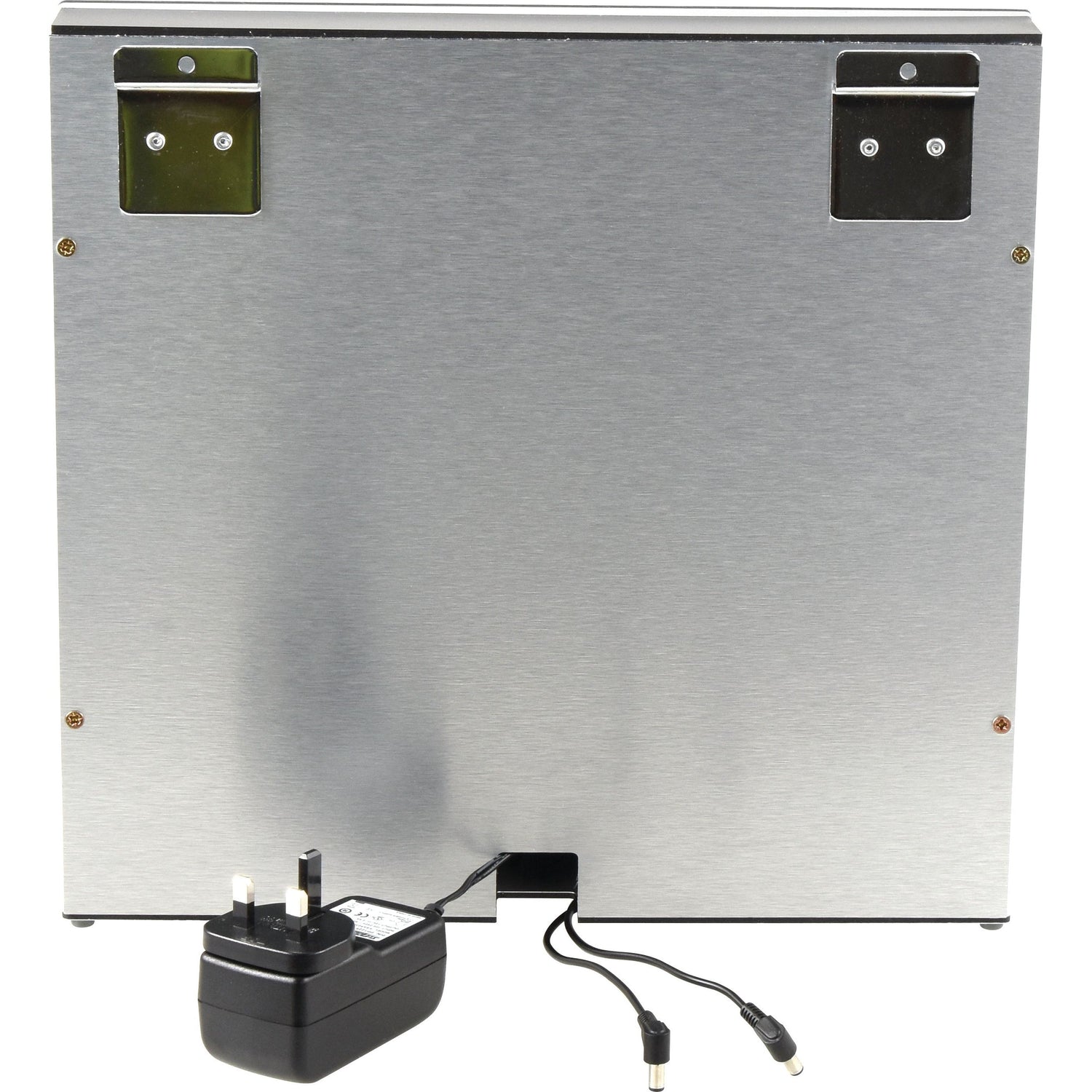 A Connix Display Stand - S.151416 by Sparex featuring a flat, rectangular back with mounting brackets on top, interactive buttons on the front, and equipped with an attached black power adapter that has dual output cables laying at the base.