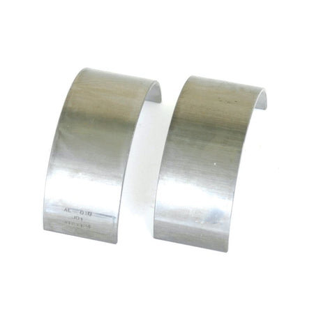 Two metallic conrod bearing shells, curved and aligned side by side on a white background. Product: Conrod Bearing +0.010'' (0.25mm) Pair | Sparex Part No.S.72108, Brand: Sparex