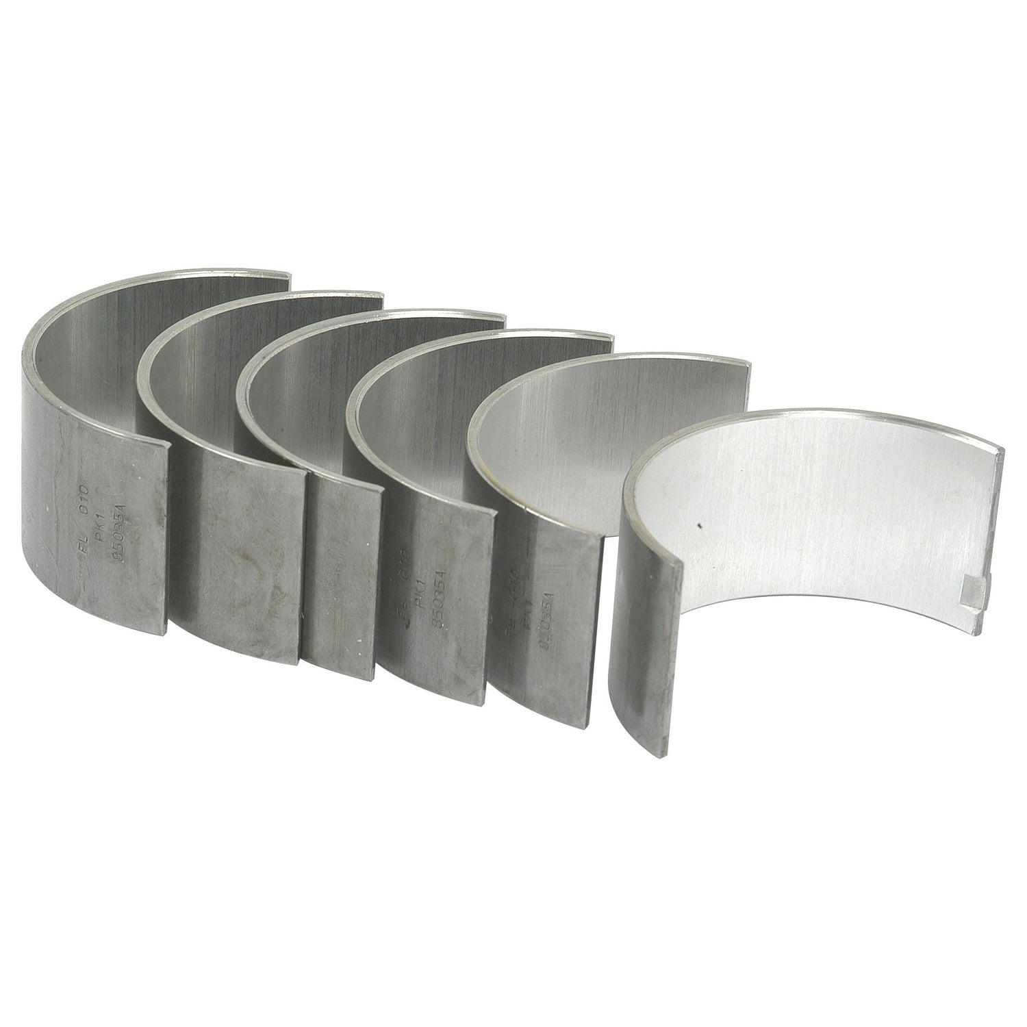 Five silver-colored engine bearings, identified as the Conrod Bearing +0.010'' (0.25mm) Set (Sparex Part No.S.40316) by Sparex, compatible with Massey Ferguson and Sparex Perkins models, are arranged in a row on a white background.