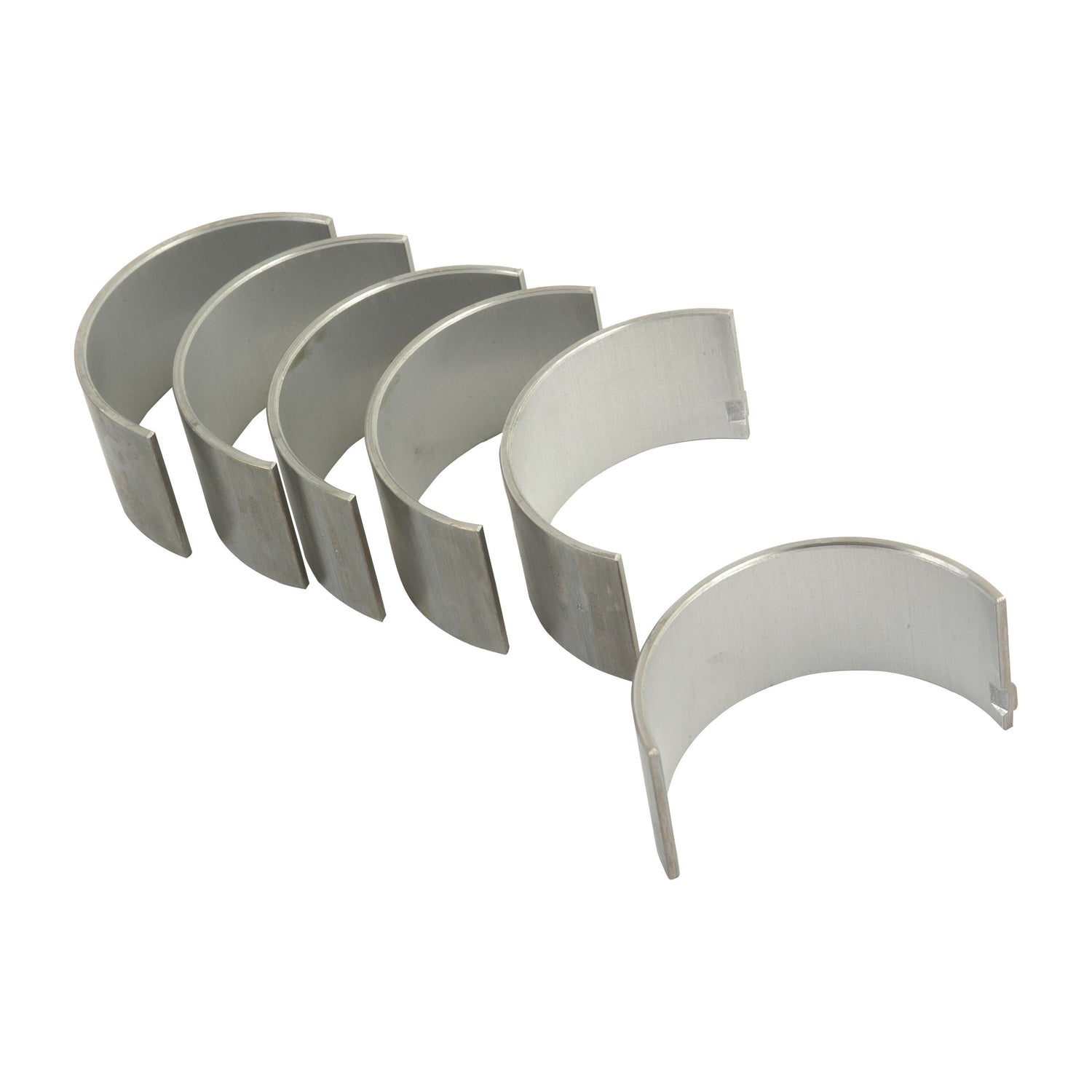 A set of five identical metal Conrod bearings, integral to Perkins engine parts, arranged in a semicircular shape. These +0.020" (0.50mm) bearings are part of the Sparex range, specifically with Part No. S.40317.
