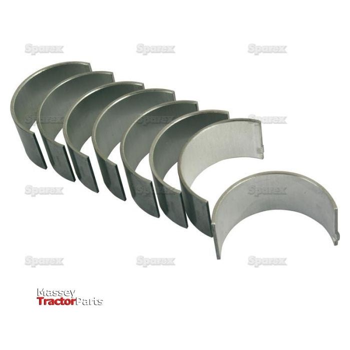 A set of six metallic semi-circular Conrod Bearing +0.020'' (0.50mm) sleeves arranged in a row with text "Sparex Part No.S.40321" and "Massey Tractor Parts.