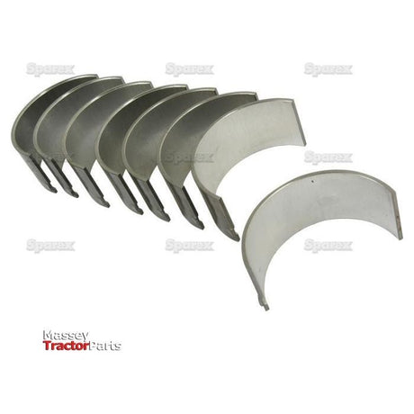 Eight curved metal Conrod Bearings (+0.020'' / 0.50mm) sit neatly in a row, with the "Sparex" branding displayed prominently in the background and the Massey Tractor Parts logo positioned in the bottom left corner. Ideal for Perkins engines, these components (Sparex Part No.S.42924) exemplify quality and reliability.
