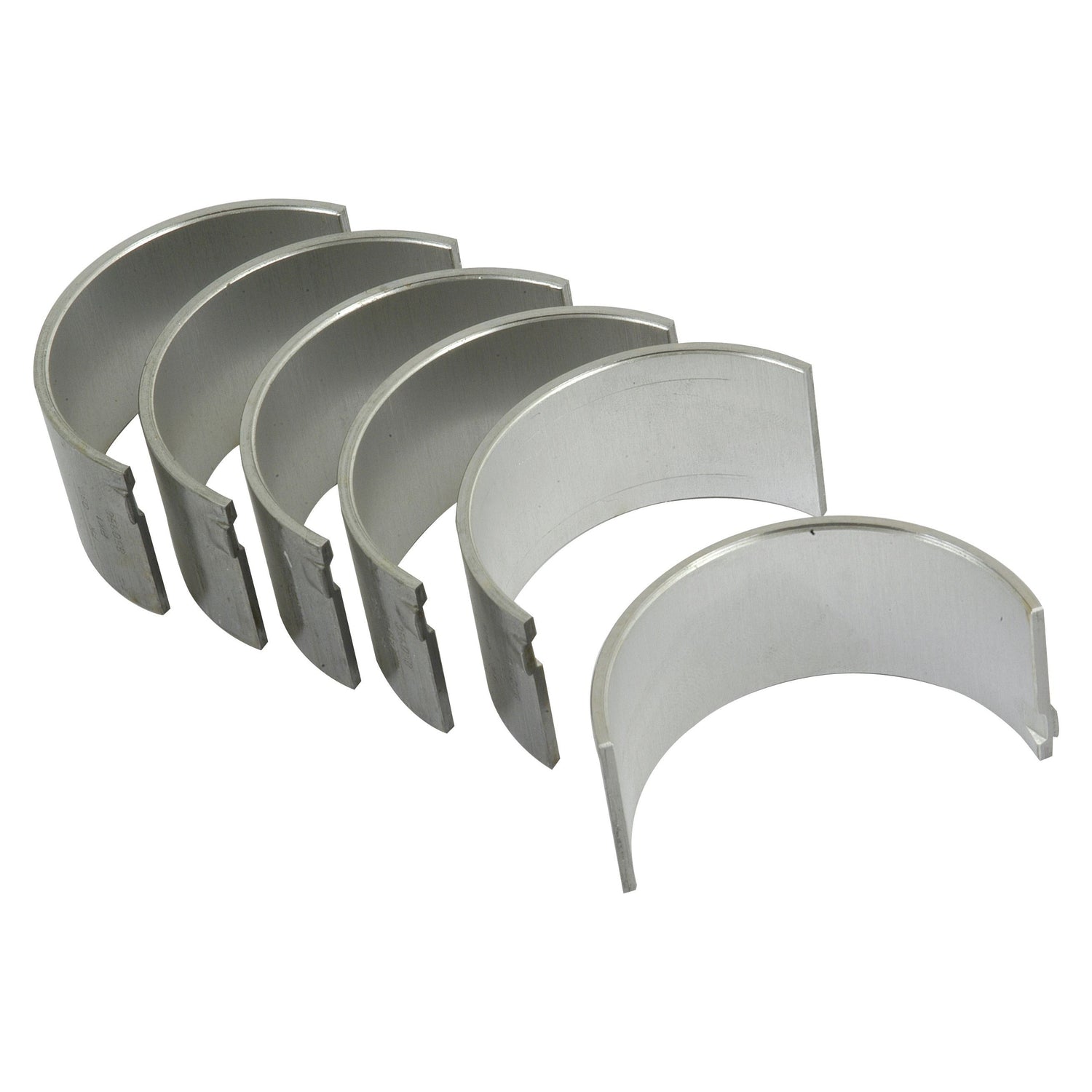 A set of six semi-circular metal engine bearings, branded as Sparex Conrod Bearing +0.030'' (0.75mm) Set, compatible with Allis Chalmers and Massey Ferguson, arranged in a row. (Sparex Part No.S.40318)