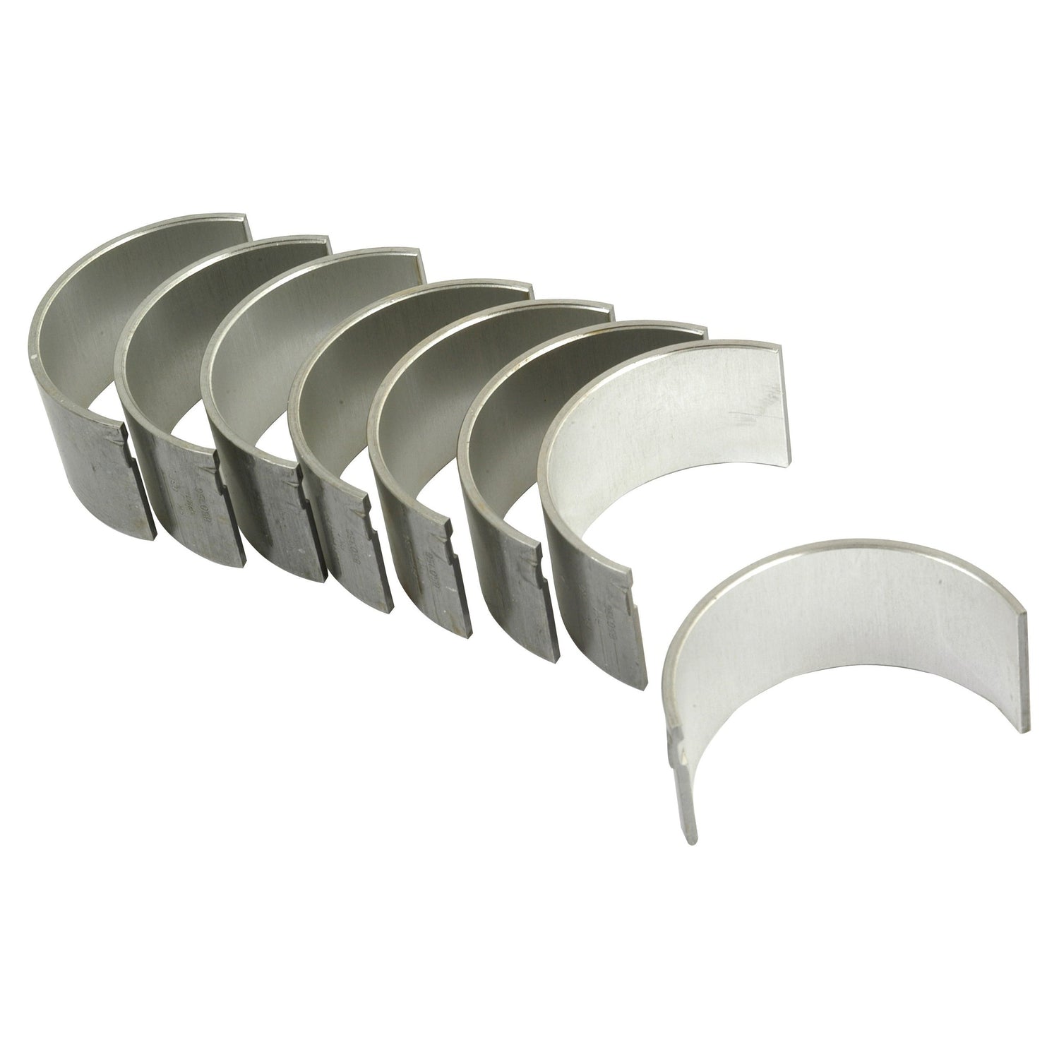 A set of seven metallic Conrod Bearing +0.030'' (0.75mm) shells, arranged in a semicircle on a white background, compatible with Massey Ferguson 165 and Perkins tractors, branded as Sparex Part No.S.40322.