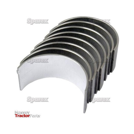 A set of six metallic bearings arranged in a semi-circular formation. The image features watermarks with the text "Sparex" and a logo for "Massey Tractor Parts," indicating high-quality Sparex Perkins components. This specific product is a Conrod Bearing +0.030'' (0.75mm) Set, identified by Sparex Part No.S.40326 from the trusted brand, Sparex. For detailed product specifications and related products, please refer to the catalog.
