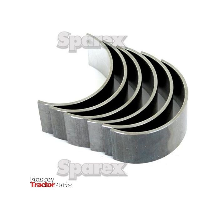A set of five half-moon metal bearing shells stacked in a staggered arrangement. The image features branding text "Sparex" and "Massey Tractor Parts," indicating quality components suitable for Ford tractors. The product is named Conrod Bearing +0.030'' (0.75mm) Set with Sparex Part No.S.65197, highlighting its compatibility with Ford tractors and the trusted quality of the Sparex brand.
