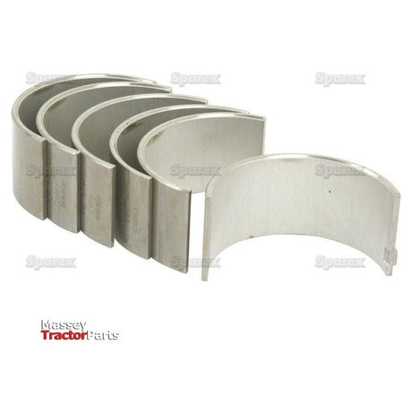 A set of six silver-colored engine bearings, specifically the Conrod Bearing +0.040'' (1mm) Set (Sparex Part No. S.42079), arranged in a curved, staggered formation on a plain white background. Watermarks and the Massey Ferguson Tractor Parts logo are also visible.