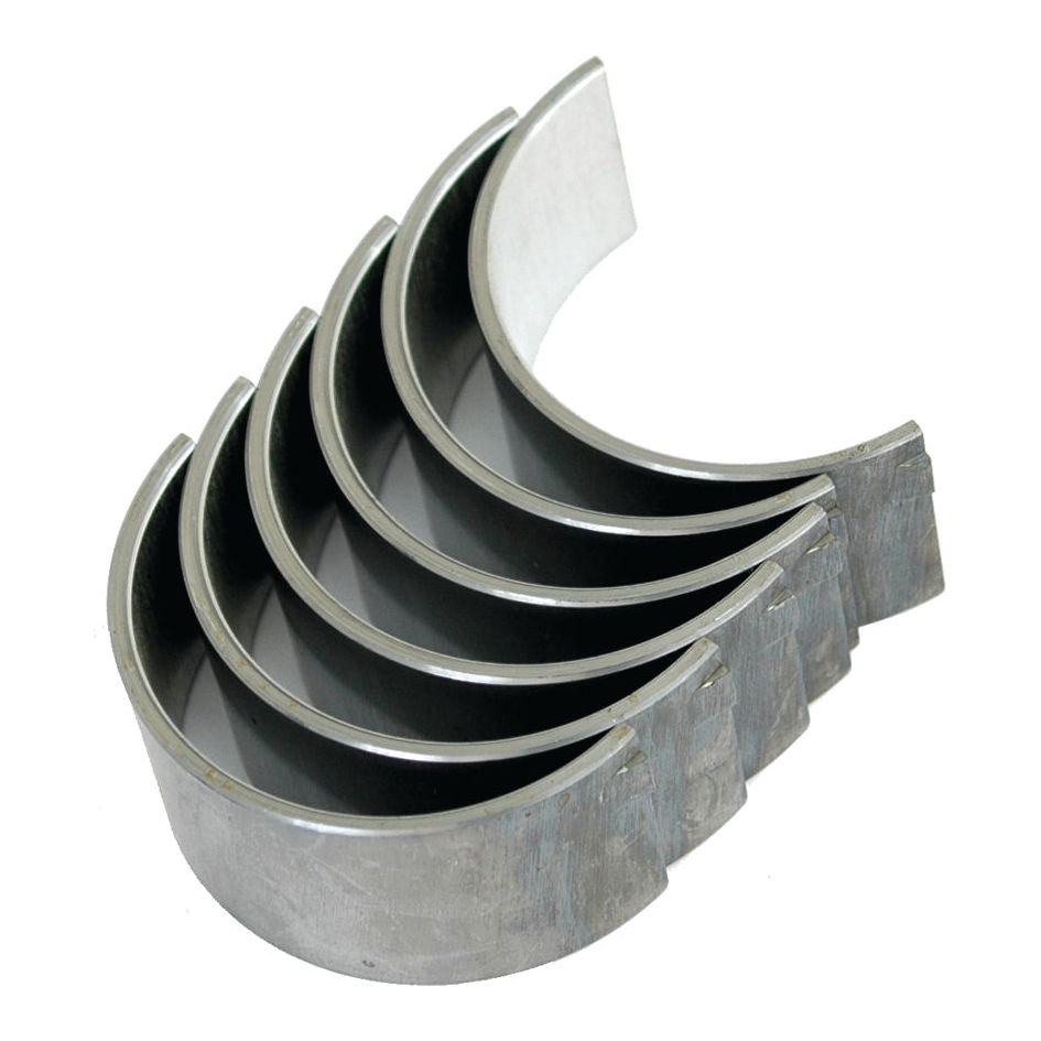 Five silver-colored metallic bearings, specifically the Conrod Bearing +0.050'' (1.25mm) Set by Sparex (Part No.S.42109), often seen in Perkins and Massey Ferguson machinery, are aligned together in a stack, commonly used in mechanical and automotive applications.