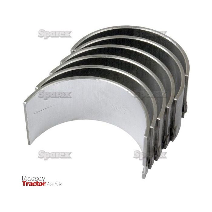 A set of five semi-circular metal bearing shells stacked together, commonly used in tractors, with the "Sparex" logo and "Massey Ferguson Tractor Parts" logos in the background. The product is named Conrod Bearing +0.050'' (1.25mm) Set and has the Sparex Part No.S.42109.