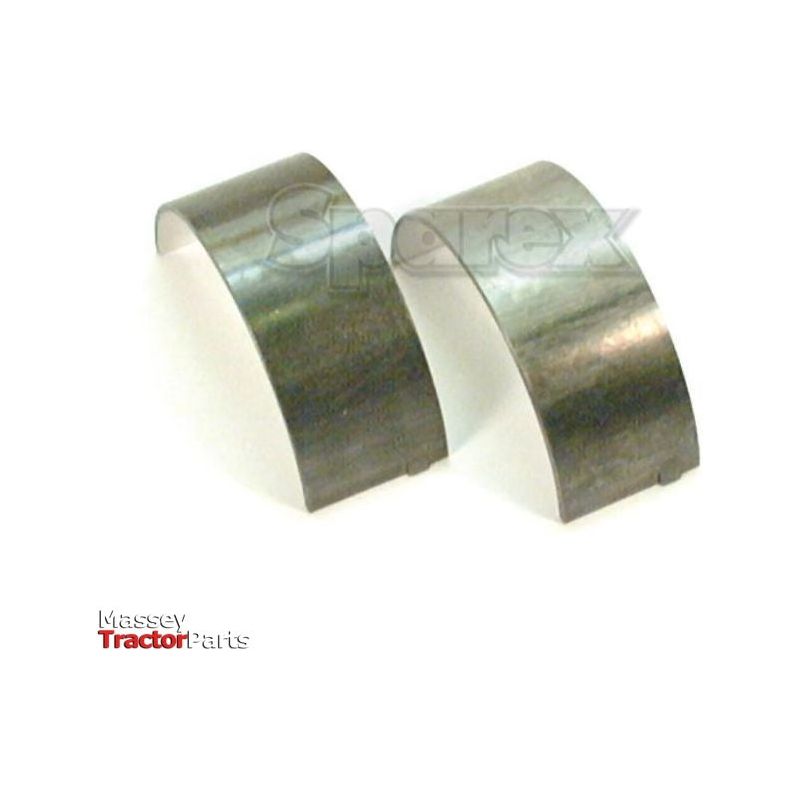 Two semi-circular metallic tractor parts positioned on a white background, featuring logos of "Sparex" and "Massey Tractor Parts." The Conrod Bearing Std. Pair (Sparex Part No.S.72107) is available for different models, including John Deere.