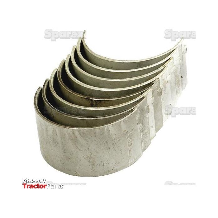 A stack of silver conrod bearings, part number S.57650 from Sparex, is arranged in a slightly curved formation against a white background. The words "Massey Tractor Parts" are partially visible in the bottom left corner, alongside references to Sparex and Ford / New Holland components.