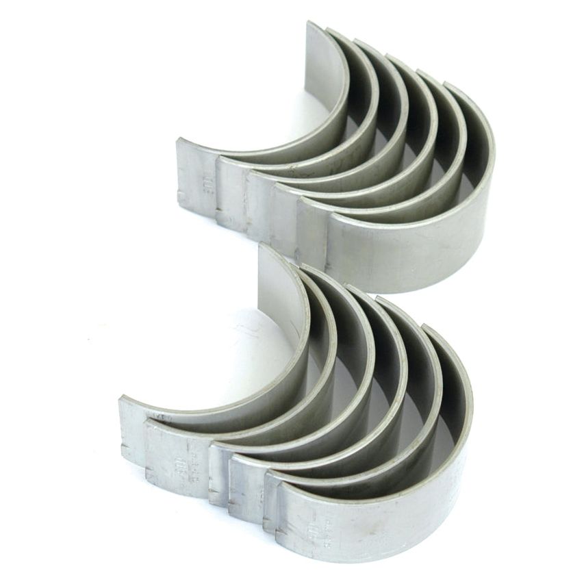 The Conrod Bearing Std. Set (Sparex Part No.S.66082) consists of ten curved metal objects, arranged in two rows, perfectly compatible with the Ford New Holland 7810 models. It ensures optimal performance and reliability with the high quality synonymous with the Sparex brand.

