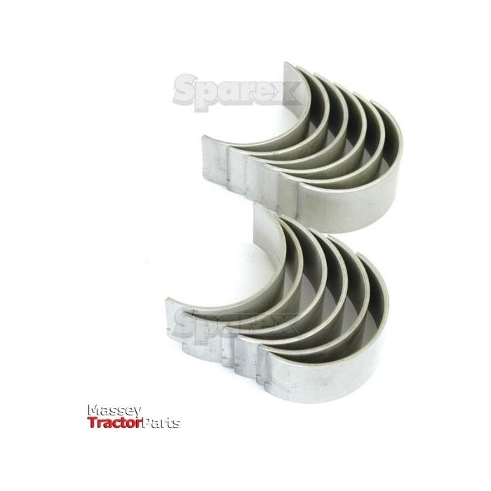 Two rows of metal engine bearings, labeled as the Conrod Bearing Std. Set (Sparex Part No.S.66082), are stacked upright against a white background. The text "Sparex" and "Massey Tractor Parts" is visible, highlighting that these high-quality parts are also compatible with Ford New Holland models like the 7810.