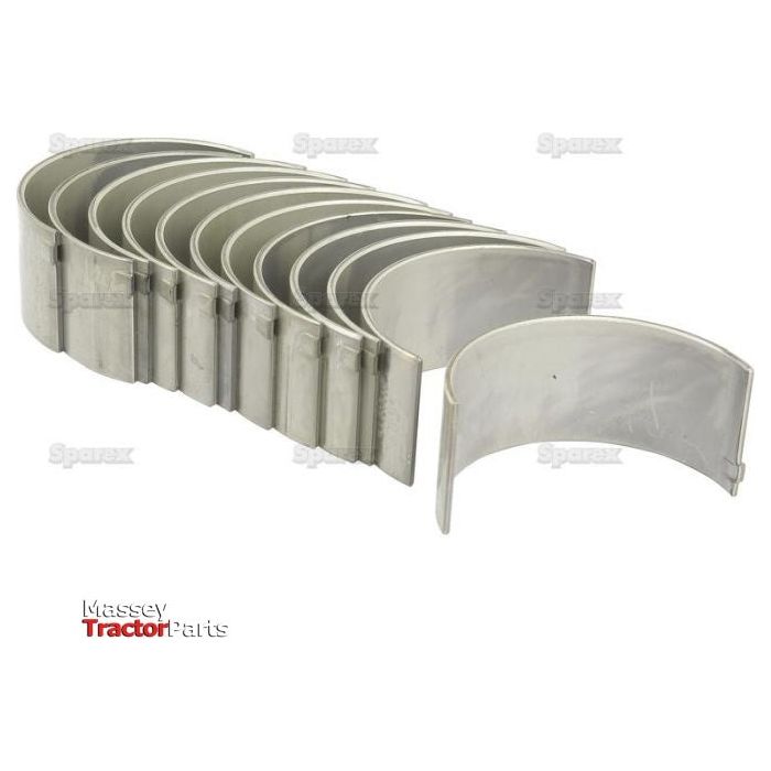 A set of Conrod Bearing Std. Set (Sparex Part No.S.40327) metallic engine bearings, arranged in a staggered formation with the "Massey Tractor Parts" logo in the bottom left corner, featuring related products from Sparex.