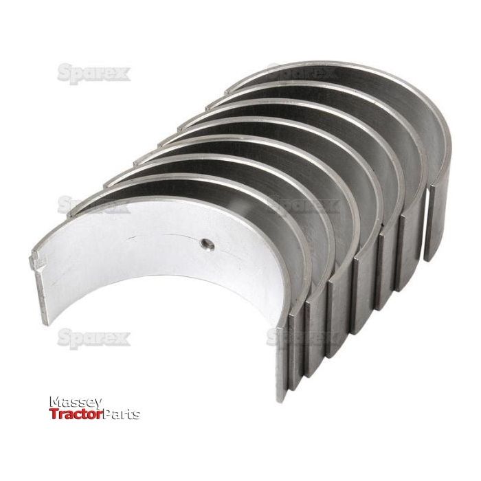 A set of eight metal engine bearings arranged in a semi-circular shape, labeled as Conrod Bearing Std. Set | Sparex Part No.S.42366 from Sparex.