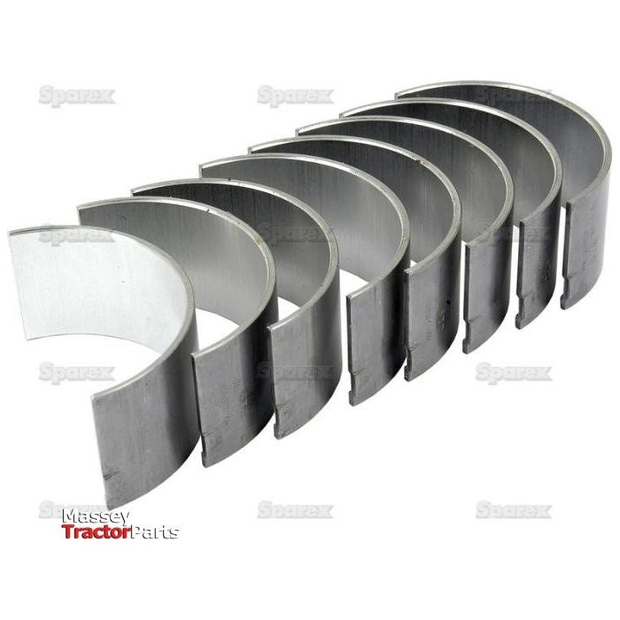 A set of seven Conrod Bearing Std. halves (Sparex Part No.S.57465) arranged in a row against a white background, designed for Massey tractors and also suitable for maintaining vintage models from David Brown.
