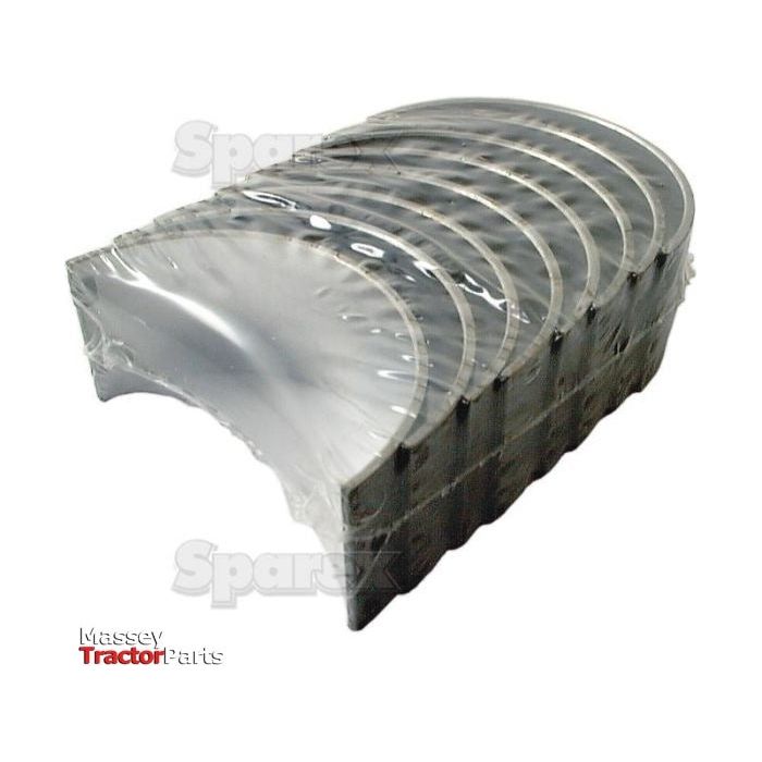 A set of seven metallic engine bearings in unopened plastic wrapping, featuring the "Sparex" and "David Brown" logos alongside the label for "Conrod Bearing Std. Set, Sparex Part No.S.57799.