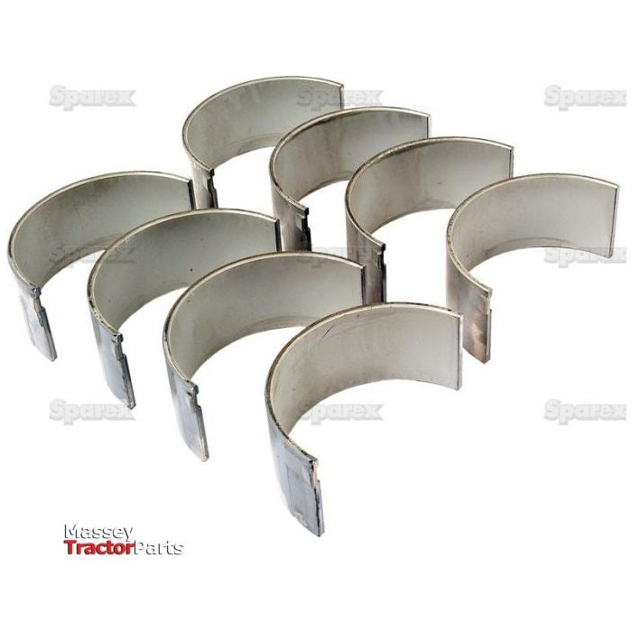 A set of eight semi-circular engine bearings displayed in two rows. The image is from Massey Tractor Parts, featuring a "Sparex" watermark in the background, suitable for models from brands such as Ford New Holland. This is the Conrod Bearing Std. Set | Sparex Part No.S.66534 by Sparex.
