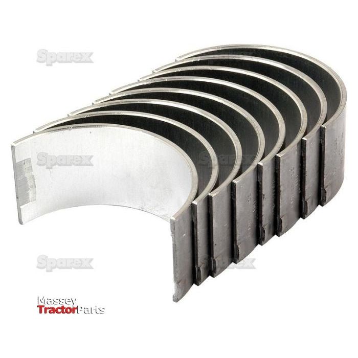 A set of eight semi-circular Conrod Bearing +0.010'' (0.25mm) Set, compatible with International Harvester engines, stacked together and displayed against a white background—Sparex Part No.S.57644.