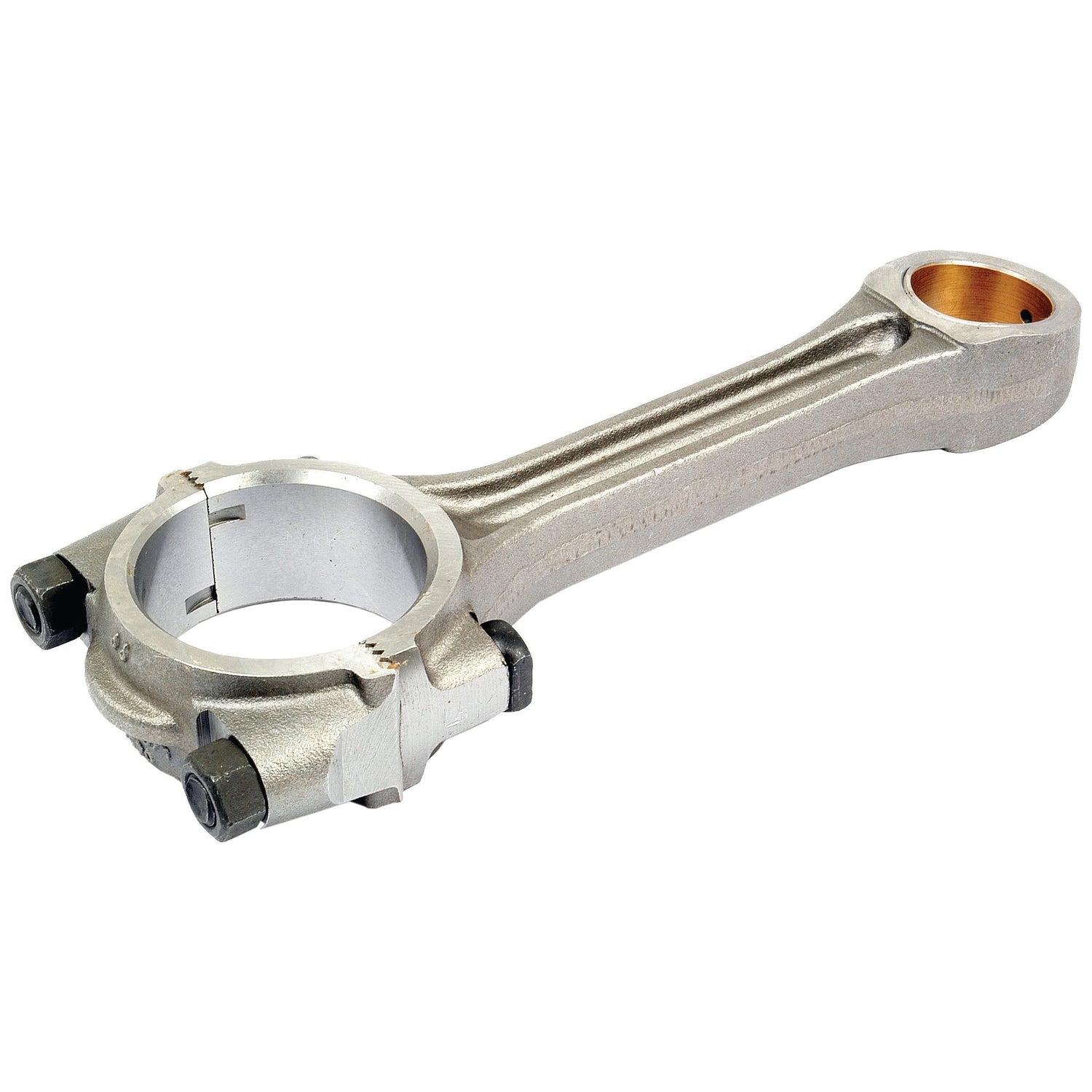 The Sparex Conrod (Sparex Part No. S.30028) features a metal connecting rod with an open, round end for bolt fasteners and a smaller, enclosed end fitted with a bronze bushing insert, specifically designed for Massey Ferguson applications.