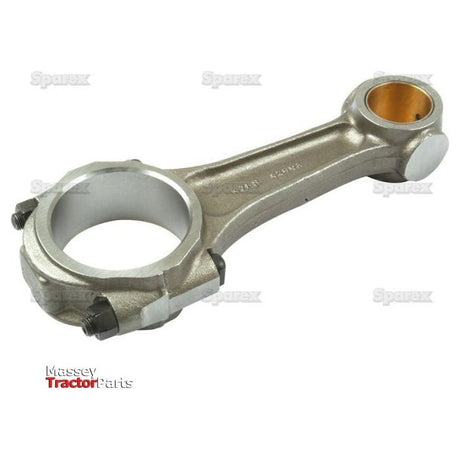 A metal connecting rod with two circular ends, used in machinery and engines. Markings include "Massey Tractor Parts," "Sparex Part No.S.66043," and is compatible with Ford / New Holland models.