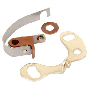 The "Ignition Kit | Sparex Part No.S.42372" by Sparex includes a metal ignition contact point set with a brown pivoting arm, a small circular insulation washer, and an accompanying contact plate compatible with Massey Ferguson tractors.