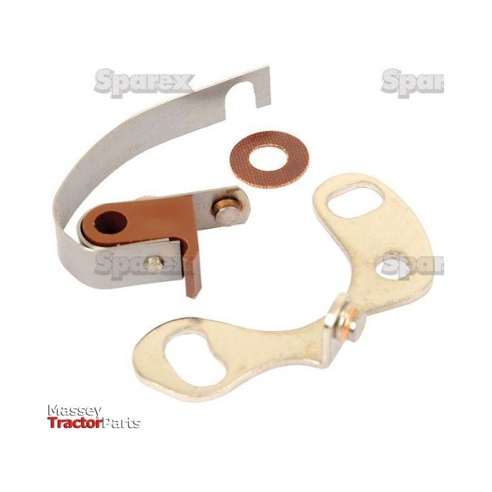 A mechanical part assembly consisting of a metallic strip with a hinge, a small circular piece, and a dual-holed plate. The background includes branding text that says "Sparex" and "Massey Tractor Parts," synonymous with top-quality Massey Ferguson components. This is the Ignition Kit | Sparex Part No.S.42372 from Sparex.