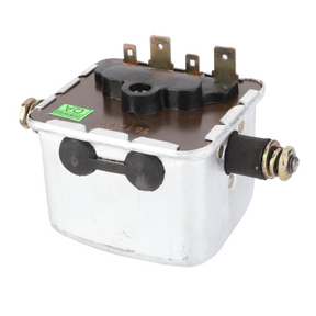 The AGCO Massey Ferguson Control Box (model 894835M1) is a metal electrical component featuring multiple terminals and connectors mounted on top. It comes encased in a silver, rectangular housing with a labeled tag on the side, making it ideal for Pre-100 Series Massey Ferguson models.