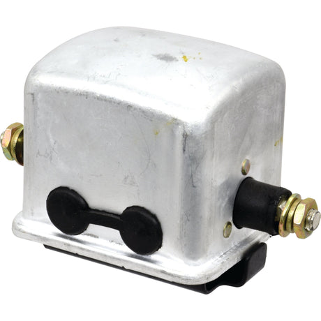 A rectangular silver metal electrical component with rounded edges and two bolts on either side, known as the Control Box 12V (Sparex Part No. S.41167) from Sparex, commonly used in Massey Ferguson machinery.
