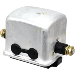 A Sparex Control Box 12V (Part No. S.41167) for Massey Ferguson tractors, featuring a silver metallic relay with two black circular connectors and bolt terminals on either side.