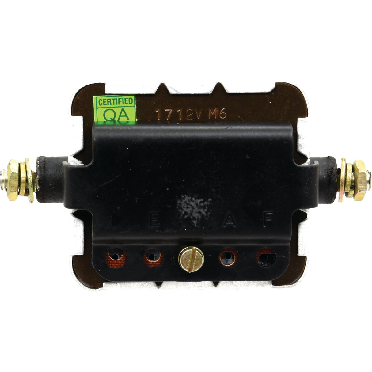 A Sparex Control Box 12V (Sparex Part No. S.41167) black electrical terminal block with screws on either end, featuring three connection points and a certified QA label on top, is ideal for use in a Massey Ferguson control box.